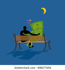 Cash Lovers looking at stars. Date night. Man and dollar money sitting on bench. Moon and stars in night dark sky. Romantic financial currency illustration