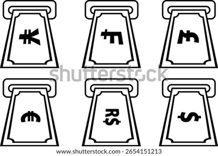 cash machine atm bill nota dollar swiss franc yen yuan sterling pound euro real icon vector image