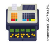 Cash machine for checkout vector illustration. POS terminal, fiscal cash register with money, cashier till machine with screen, receipt printers. Payment concept