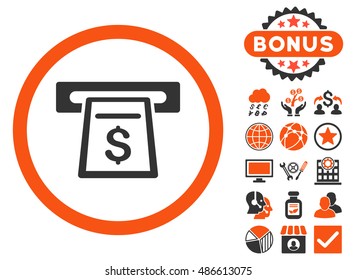 Cash Machine icon with bonus elements. Vector illustration style is flat iconic bicolor symbols, orange and gray colors, white background.