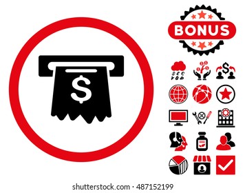 Cash Machine icon with bonus symbols. Vector illustration style is flat iconic bicolor symbols, intensive red and black colors, white background.