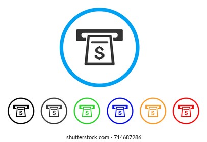 Cash Machine icon. Vector illustration style is a flat iconic cash machine grey rounded symbol inside light blue circle with black, gray, green, blue, red, orange color variants.