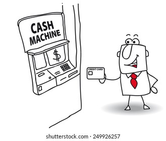 cash machine. Joe withdraws money at the cash machine