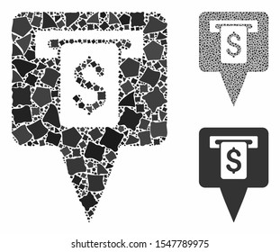 Cash machine map pointer composition of rugged elements in various sizes and color hues, based on cash machine map pointer icon. Vector rough elements are grouped into composition.