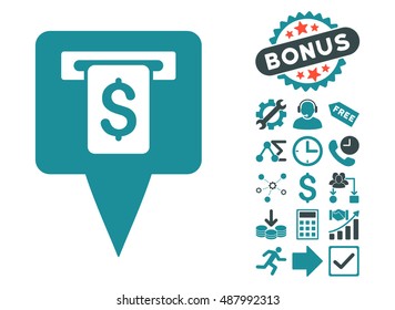 Cash Machine Map Pointer icon with bonus symbols. Vector illustration style is flat iconic bicolor symbols, soft blue colors, white background.