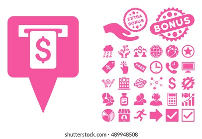 Cash Machine Map Pointer icon with bonus design elements. Vector illustration style is flat iconic symbols, pink color, white background.