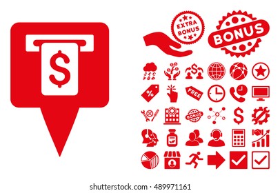 Cash Machine Map Pointer icon with bonus pictures. Vector illustration style is flat iconic symbols, red color, white background.
