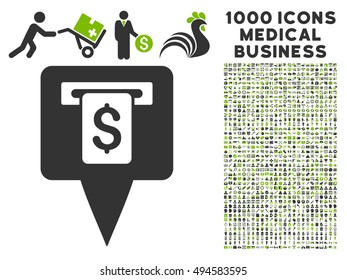 Cash Machine Map Pointer icon with 1000 medical commerce eco green and gray vector pictographs. Collection style is flat bicolor symbols, white background.