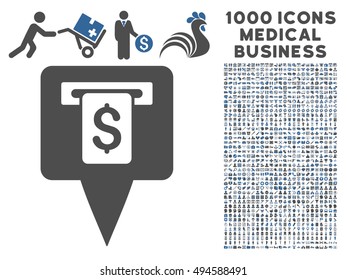 Cash Machine Map Pointer icon with 1000 medical business cobalt and gray vector design elements. Clipart style is flat bicolor symbols, white background.
