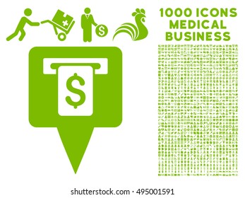 Cash Machine Map Pointer icon with 1000 medical business eco green vector pictograms. Collection style is flat symbols, white background.