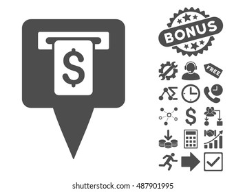 Cash Machine Map Pointer pictograph with bonus pictures. Vector illustration style is flat iconic symbols, gray color, white background.
