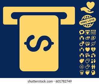 Cash Machine pictograph with bonus love graphic icons. Vector illustration style is flat iconic symbols on white background.