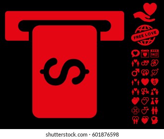 Cash Machine pictograph with bonus lovely symbols. Vector illustration style is flat iconic symbols on white background.