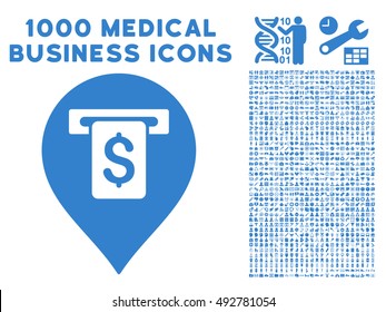 Cash Machine Pointer icon with 1000 medical commerce cobalt vector design elements. Clipart style is flat symbols, white background.