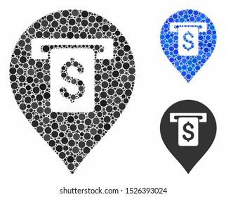 Cash machine pointer mosaic for cash machine pointer icon of small circles in variable sizes and shades. Vector small circles are composed into blue mosaic.