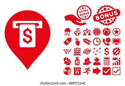Cash Machine Pointer pictograph with bonus images. Vector illustration style is flat iconic symbols, red color, white background.