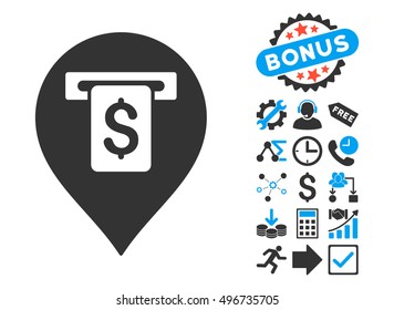 Cash Machine Pointer pictograph with bonus design elements. Vector illustration style is flat iconic bicolor symbols, blue and gray colors, white background.