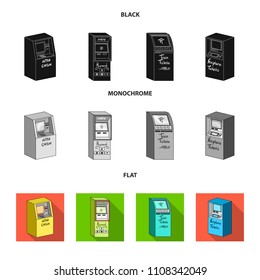 Cash machine for cash, terminal for payment, ticket machine. Terminals set collection icons in black, flat, monochrome style isometric vector symbol stock illustration web .