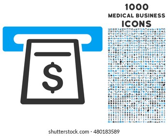 Cash Machine vector bicolor icon with 1000 medical business icons. Set style is flat pictograms, blue and gray colors, white background.