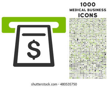 Cash Machine vector bicolor icon with 1000 medical business icons. Set style is flat pictograms, eco green and gray colors, white background.