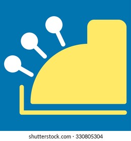 Cash Machine vector icon. Style is bicolor flat symbol, yellow and white colors, rounded angles, blue background.