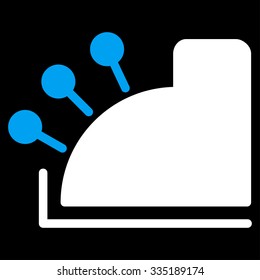 Cash Machine vector icon. Style is bicolor flat symbol, blue and white colors, rounded angles, black background.