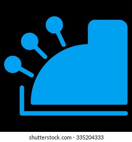 Cash Machine vector icon. Style is flat symbol, blue color, rounded angles, black background.