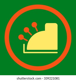 Cash Machine vector icon. Style is bicolor flat rounded symbol, orange and yellow colors, rounded angles, green background.