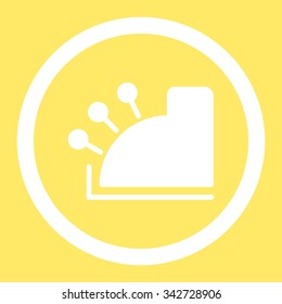 Cash Machine vector icon. Style is flat rounded symbol, white color, rounded angles, yellow background.