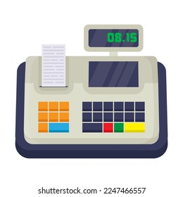 Cash machine vector illustration. Drawing of POS terminal, fiscal cash register with money, cashier till machine with screen, receipt printers. Payment concept