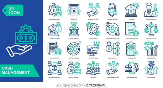Cash Management icon collection set. Money Management,Money Out,Financial Balance,Payment Security. Line Color vector icons.
