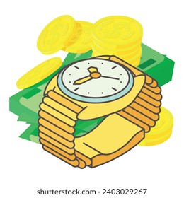 Cash management icon isometric vector. Wristwatch near dollar bill and gold coin. Money management, finance concept