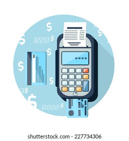 Cash mashines issues receipt of payment card on background with dollar sign flat design long shadow style