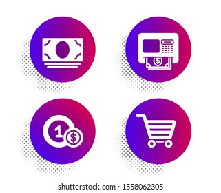 Cash money, Atm and Usd coins icons simple set. Halftone dots button. Market sale sign. Banking currency, Money withdraw, Cash payment. Customer buying. Finance set. Vector