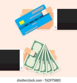 Cash money banknote and credit card. Dollar banknote cash in hand, finance interchange financial, vector illustration
