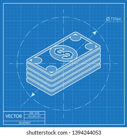 Cash money banknotes vector blueprint icon 