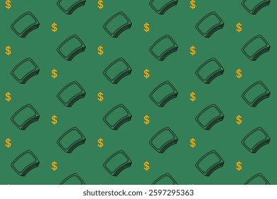 cash money bills with dollar currency symbol outline seamless pattern on green background set. doodle money illustration pattern background. dollar money background for packaging and merchandise