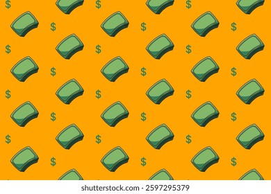 cash money bills with dollar currency symbol colorful seamless pattern on yellow background set. doodle money illustration pattern background. dollar money background for packaging and merchandise