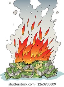 cash money burning in a huge fire