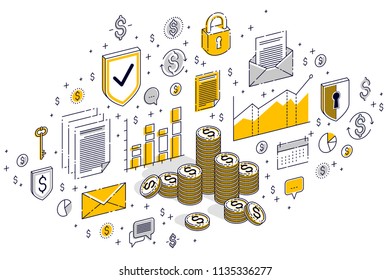 Cash money coin cent stacks isolated on white background. 3d vector business and finance isometric illustration with icons, stats charts and design elements.