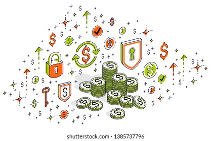 Cash money coin cent stacks isolated on white background. 3d vector business and finance isometric illustration with icons, stats charts and design elements.