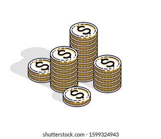 Cash money coin cent stacks isolated on white background. Vector 3d isometric business and finance illustration, thin line design.