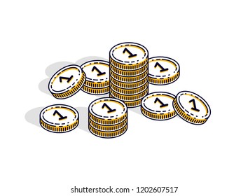 Cash money coin stacks isolated on white background. Vector 3d isometric business and finance illustration, thin line design.