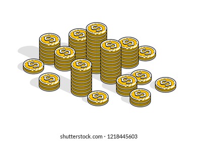 Cash money coin stacks isolated on white background. Vector 3d isometric business and finance illustration, thin line design.