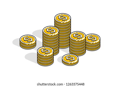 Cash money coin stacks isolated on white background. Vector 3d isometric business and finance illustration, thin line design.