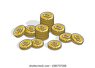 Cash money coin stacks isolated on white background. Vector 3d isometric business and finance illustration, thin line design.