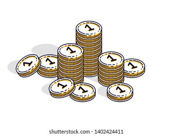 Cash money coin stacks isolated on white background. Vector 3d isometric business and finance illustration, thin line design.