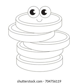 Cash Money Coins cartoon. Outlined funny illustration with thin line black stroke