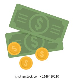 Cash money and coins icon. Flat illustration of cash money and coins vector icon for web design