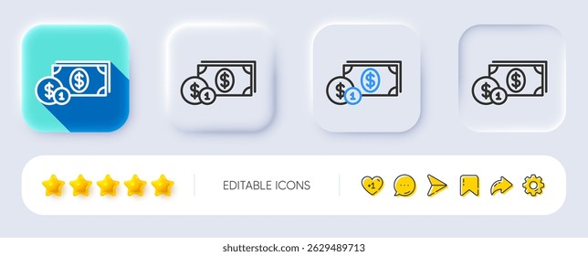 Cash money with Coins line icon. Neumorphic, Flat shadow, 3d buttons. Banking currency sign. Dollar or USD symbol. Line dollar money icon. Social media icons. Vector